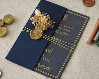 Elegant Navy Blue Acrylic Wedding Invitations With Gold Foil, Half Fold Envelope, Save the Date, Quinceanera Invitations Personalized Invite