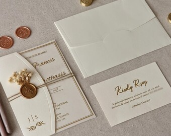 Simple Beige Acrylic Wedding Invitations With Gold Foil, Half Fold Envelope, Cream Invites, Quinceanera, Custom Invites, RSVP cards