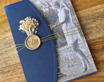 Navy Blue Acrylic Wedding Invitations With Gold Foil, All in One, Photo Invitation, Quinceanera Invitations, Personalized Invite