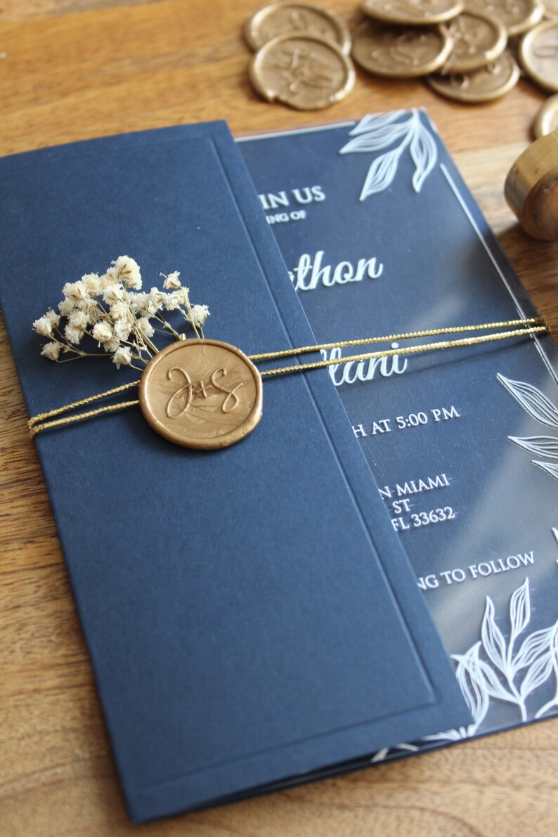 Navy Blue Acrylic Wedding Invitations With White Ink, Half Fold ...