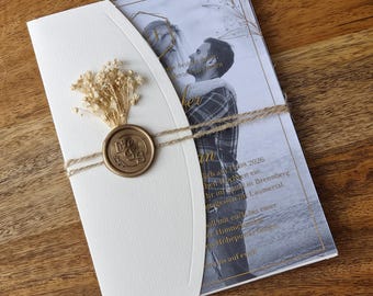 Beige Photo Wedding Invitation, Vellum Style Acrylic Gold Foil Wax Seal, Monogram Dried Flower Custom Save the Date, Luxury Engagement Card
