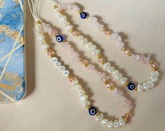 Rose Quartz Phone Strap,Healing Crystal Phone Chain, Evil Eye Beaded Phone Strap, Pearl Beaded Phone Charm, Personalized Phone Strap