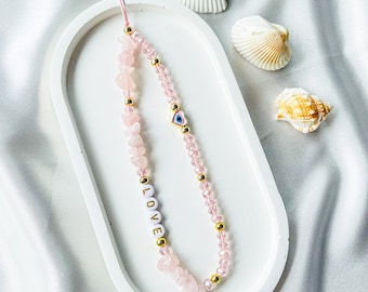 Bracelet de téléphone Quartz rose, chaîne de téléphone de pierres précieuses en cristal de guérison, chaîne de téléphone mauvais œil, bracelet de téléphone personnalisé, breloque de téléphone perlé de perle