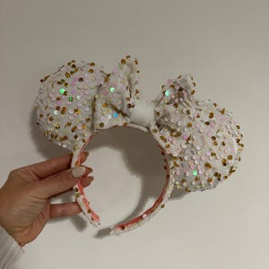 Weiss/gold/rosa Samt irisierende Pailletten Minnie Ohren