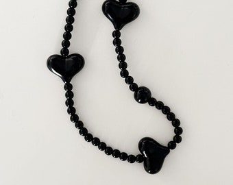 Black Heart Beaded Phone Strap. Black Beaded Phone Charm. Fashion Phone Accessories.