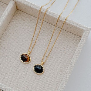 Tiger Eye Oval Pendant Necklace. Gold Chain Black Gemstone Necklace. 18K Gold Plated Vintage Necklace for Women. Everyday Dainty Necklace.