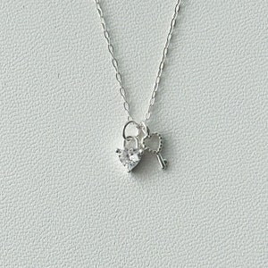 Silver Crystal Key Necklace. Tiny Heart Gemstone Pendant Necklace. Duo Pendants Necklace. Heart Key Necklace Gift. Sterling Silver Neckalce