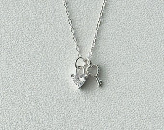 Silver Crystal Key Necklace. Tiny Heart Gemstone Pendant Necklace. Duo Pendants Necklace. Heart Key Necklace Gift. Sterling Silver Neckalce