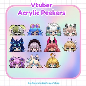 Pode incluir: Uma coleção de designs de peekers acrílicos coloridos com personagens de estilo anime com vários penteados e acessórios. O texto "Vtuber Acrylic Peekers" é exibido na parte superior da imagem.