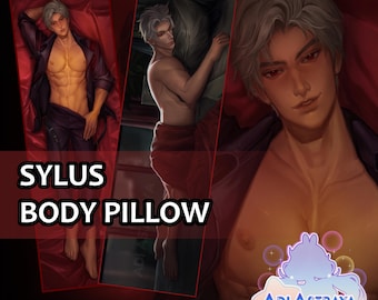 May include: A body pillow featuring an illustration of a male figure with gray hair and a dark jacket. The pillow has the text "SYLUS BODY PILLOW" in white. The image also includes the Adi Astraya logo.
