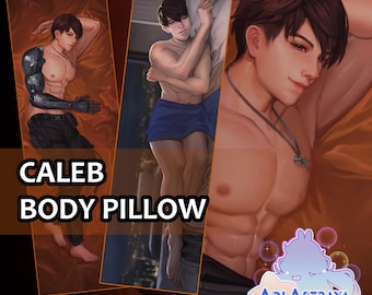 May include: Caleb body pillow featuring a muscular male figure in various poses. The image includes the text "CALEB BODY PILLOW" in white letters on a dark background. The artwork has a digital painting style with a warm color palette.
