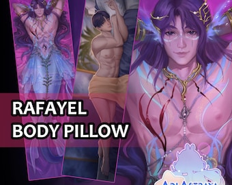 May include: Body pillow featuring a digital illustration of a male figure with purple hair and intricate body art. The text "RAFAYEL BODY PILLOW" is displayed prominently. The artwork has a fantasy theme with a detailed design.