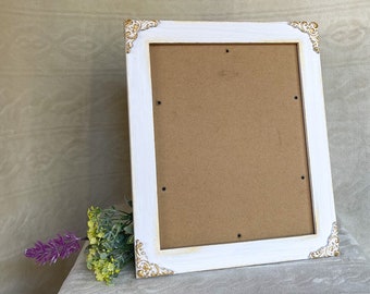 Shabby Chic White Wood Photo Frame with Gold Resin Filigree