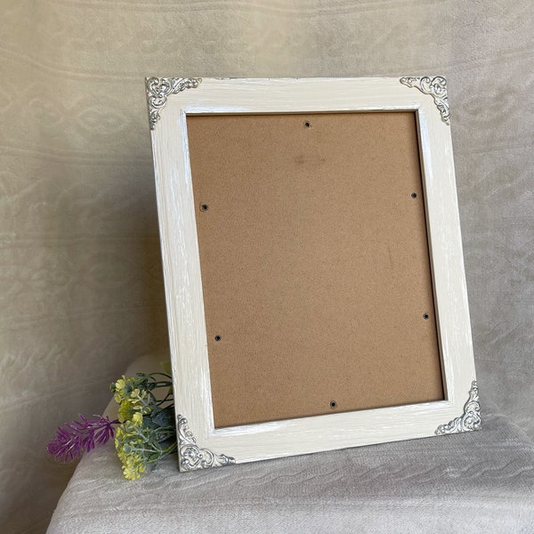 Wood 8x10 Photo Frame, Antique White with Silver Accents - Shabby Chic French Country Vintage Antique Style Wedding Home Nursery Decor