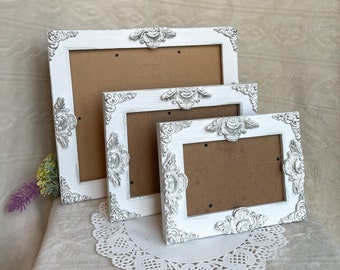 4x6, 5x7, 8x10 Wood Photo Frame, Ornate, Bright White with Silver Accents - Shabby Chic French Country Vintage Style Wedding Home Nursery