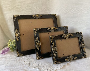 4x6, 5x7, 8x10 Wood Photo Frame, Ornate, Black with Gold Accents - Shabby Chic French Country Vintage Antique Style Wedding Home