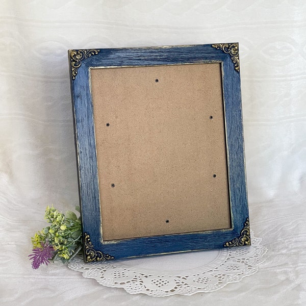 Wood 8x10, 5x7, 4x6 Photo Frame, Navy Blue with Gold Accents - Shabby Chic French Country Vintage Antique Style Wedding Home Nursery Decor