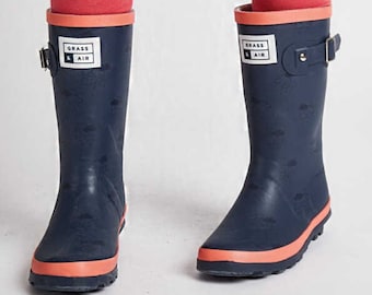 Older Kids Navy and Coral Wellies, Grass & Air Wellies, Unisex Junior Winter Wellies, Welly Boots, Childrens Rain Boots