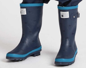 Older Kids Navy and Turquoise Wellies, Grass & Air Wellies, Unisex Junior Winter Wellies, Welly Boots, Childrens Rain Boots