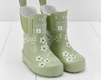 Spring Green Floral Short Colour-Changing Kids Wellies, Grass & Air Colour-Changing Unisex, Baby, Toddler, Welly Boots, Childrens Rain Boots