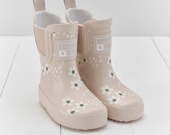 Pampas Cream Floral Short Colour-Changing Kids Wellies, Grass & Air Colour-Changing Unisex, Baby, Toddler, Welly Boots, Childrens Rain Boots