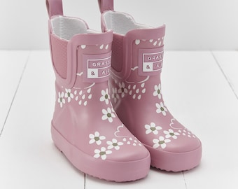 Pink Bloom Floral Short Colour-Changing Kids Wellies, Grass & Air Colour-Changing Unisex, Baby, Toddler, Welly Boots, Childrens Rain Boots