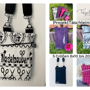 Könnte beinhalten: Eine Sammlung kleiner Stofftaschen mit verstellbaren Trägern. Die Haupttasche ist weiß mit schwarzen Scheren- und Textdesigns. Andere Taschen sind lila, rosa und schwarz. Der Text enthält "Nadelzauberin" und "Projekt Täschleins ith".