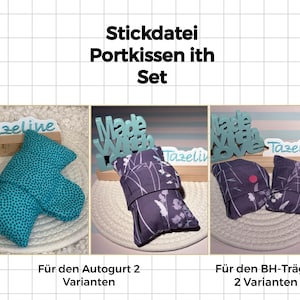 以下が含まれることがあります： 3つのPortkissenセットの画像。それぞれユニークなデザインです。1つのセットは水玉模様のターコイズ生地、他の2つのセットは紫色の背景に花柄がプリントされています。「Stickdatei Portkissen ith Set」のテキストが表示されています。