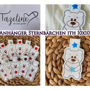 May include: A set of 10 white teddy bear keychains with a red star. The keychains are 10x10 cm and are made of felt. The keychains are on a woven wicker background.