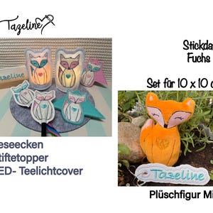 Può includere: L'immagine mostra creazioni a tema volpe, tra cui coperture per lumini a LED, decorazioni per penne in feltro e una mini volpe di peluche. Gli articoli presentano un design a volpe con accenti a cuore, nelle tonalità dell'arancione, del rosa e del verde acqua.