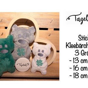 May include: Three plush teddy bears with embroidered shamrocks. The bears are grey, green, and white. The bears are available in three sizes: 13 cm, 16 cm, and 18 cm.