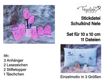 May include: A set of 11 embroidery files for a school-themed design featuring a pink pig with a bow. The set includes 3 tags, 2 bookmarks, 2 pen toppers, and 1 pencil case. The design is for a child named Nele. The files are for 10 x 10 cm projects. The image also shows a blue pillow with the same pig design in three sizes.