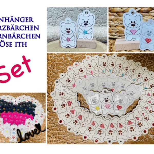 Stickdatei Anhänger Herzbärchen und Sternbärchen Öse