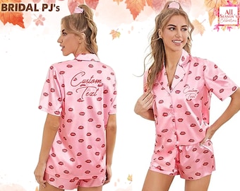 Custom Kisses Print Pajama Set Pajama Short Set Personalized Button Down Pajama Set Gift for Her Kiss Print Pajamas Bridesmaid Gift