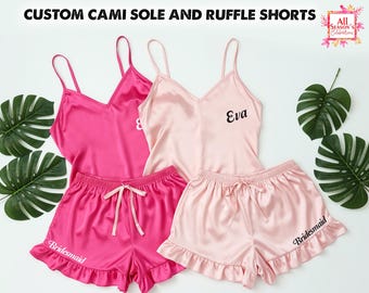 Custom Satin Cami Sole & Ruffle Shorts Luxury Bridal Party PJs and Short Bridesmaid Proposal or Getting Ready Outfit Wedding Morning Outfit