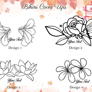 Op de afbeelding: Vier zwarte lijntekeningen voor bikini-cover-ups op een witte achtergrond. De ontwerpen bevatten bloemen- en bladmotieven, elk met de tekst "Your Text" en een ontwerpnummer. De bovenste tekst luidt "Bikini Cover Ups".