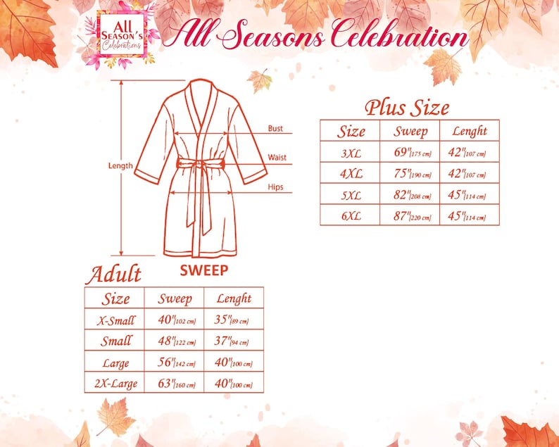 Op de afbeelding: Diagram van een badjas met afmetingen voor borst, taille, heupen en lengte. De afbeelding bevat maattabellen voor volwassenen en plusmaten, met details over de breedte en lengte in cm. De tekst luidt "All Seasons Celebration."