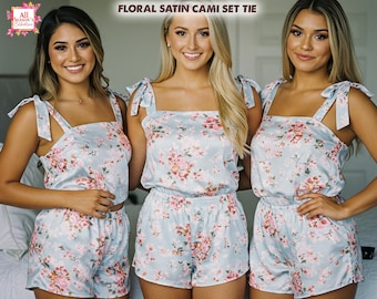 Bridesmaid Pajama Set Floral Satin Cami & Shorts Set with Tie Straps Bridal Party Sleepwear Wedding PJs Bachelorette Lounge Set Brides Gift