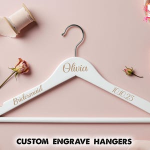 Custom Wooden Wedding Dress Hanger Personalised Bridal and Groom Name Hanger Engraved Bridal Hanger Perfect Wedding Day Gift Bridesmaid Gift