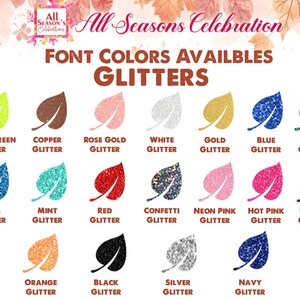 May include: Image displaying a range of glitter colours in leaf designs. Colours include neon green, copper, rose gold, white, gold, blue, green, teal, mint, red, confetti, neon pink, hot pink, purple, orange, black, silver, and navy.