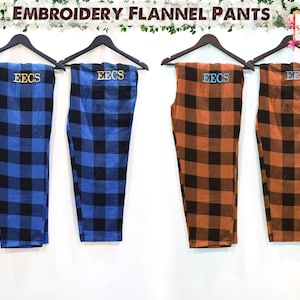 Embroidery Flannel Pajama Pants, Personalized Flannel Pajama, Adult Men Women Unisex PJ Bottoms Bride Pants Flannel Pants Buffalo Plaid