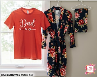 Matching Mom Robe & Dad T-Shirt Set – Baby Shower Gift, Personalized Hospital Outfit for New Parents - Baby Shower Gift Set - Couple Outfit