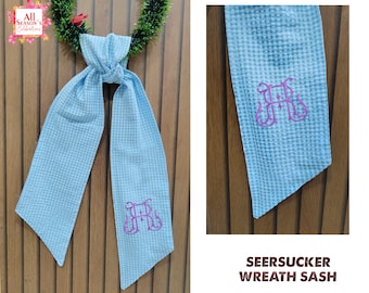 Personalized Seersucker Baby Bow Sash, Monogram Seersucker, Baby Head Wrap, Seersucker Baby Bow Headband, Embroidery Baby Bow Sash