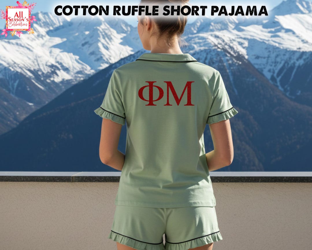 Greek Pyjamas Custom Greek Sorority Ruffle Pajama Set Soft Rayon Ruffle Shorts ...