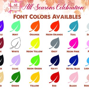 Op de afbeelding: Een kleurenkaart met bladpictogrammen, met letterkleuropties. De kaart bevat kleuren als paars, munt, oranje, neonoranje, teal, zilver, wijn, wit, neongroen, grijs, neonroze, roze, zwart, lila, neongroen, marineblauw, koningsblauw, lichtblauw, goud, groen, geel, rood, blush en rozegoud.