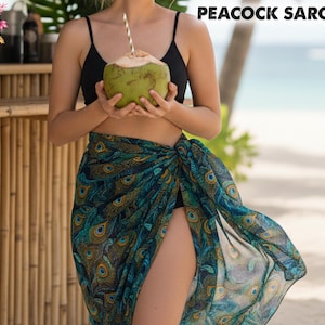 Sarong met pauwenprint, omslagrok strand, boho sarong omslag, bikini bedekkend, badkleding bedekkend, resortkleding, vakantie strand sarong