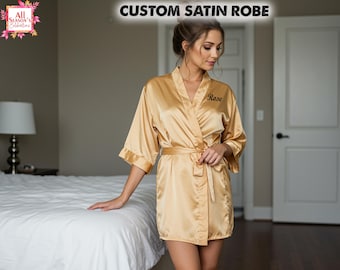 Custom Bridal Satin Robe Personalized Name, Bridesmaid Robe, Bridal Party Gift Wedding Morning Outfit Bachelorette Party Robe Honeymoon Wear