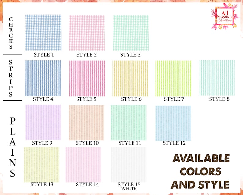 May include: A chart showing 15 different fabric patterns for clothing. The patterns are divided into three categories: checks, stripes, and plains. Each pattern is labeled with a style number.