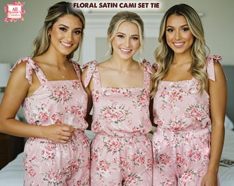 Ensemble caraco et short en satin fleuri avec bretelles à nouer Ensemble de pyjama de demoiselle d'honneur Vêtements de nuit pour mariage