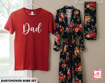 Floral Maternity Robe & Dad T-Shirt Set Baby Shower Gift Hospital Outfit for New Parents Matching Mom and Dad Outfit Personalized Robe